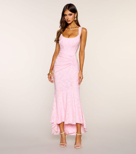 « Grâce Sculptée » — Robe Midi Corset, Rose