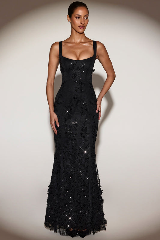 « Ivresse » — Robe Longue Corset Appliquée Sequins, Noir