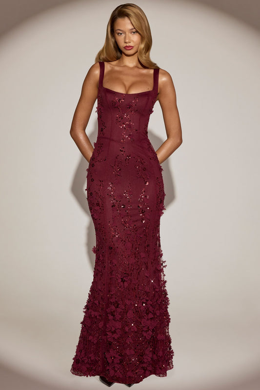 « Ivresse » — Robe Longue Corset Appliquée Sequins, Rouge Bordeaux