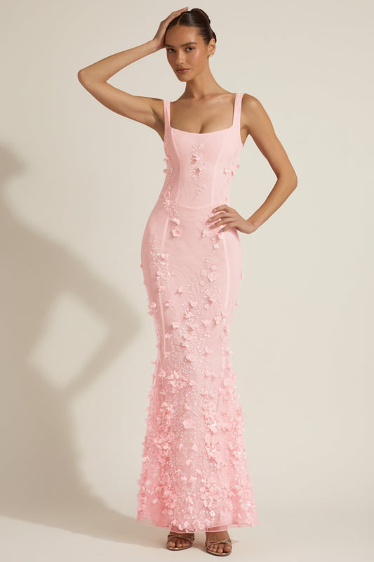 « Ivresse » — Robe Longue Corset Appliquée Sequins, Rose