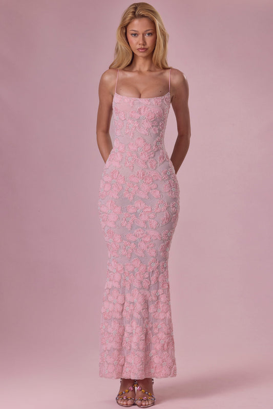 « Opale » — Robe Longue Sculptante Perlée, Rose Poudré