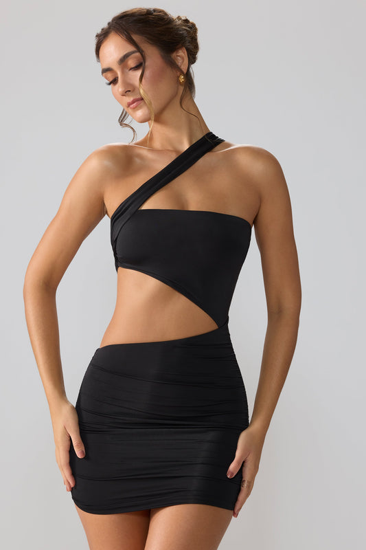 « Shyla » — Robe Mini Asymétrique Ruchée, Noir