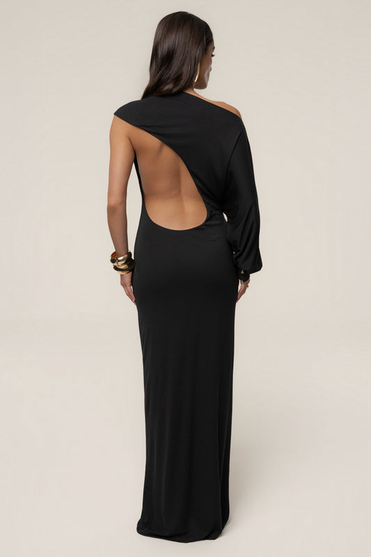 « Joyau d'Hiver » — Robe Longue Asymétrique, Noir