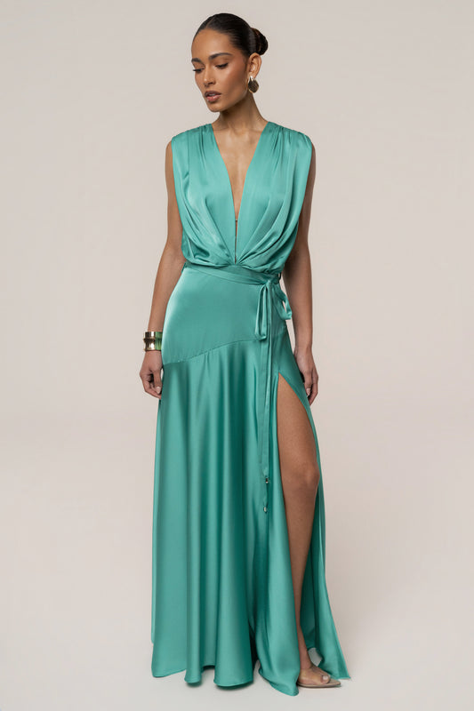 « Amalia » — Robe Longue Satinée, Aqua