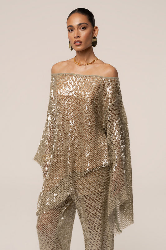 « Éclat de Sauge » — Top Transparent à Sequins Manches Évasées, Vert Sauge
