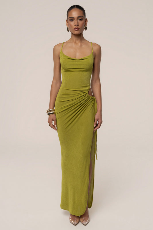 « Haute Exigence » — Robe Longue Drapée Échancrée, Vert Citron