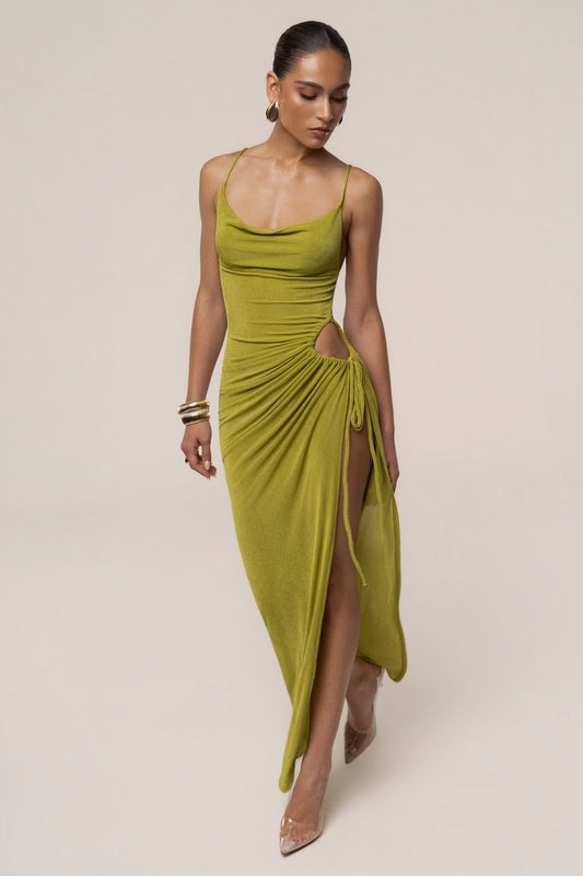 « Haute Exigence » — Robe Longue Drapée Échancrée, Vert Citron