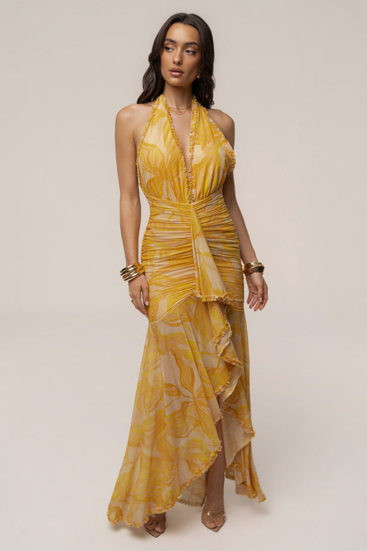 « Paradis Doré » — Robe Longue Tropicale, Jaune