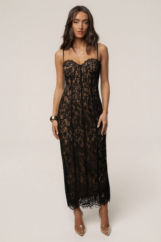 « Chant du Cœur » — Robe Mi-Longue Corset en Dentelle, Noir