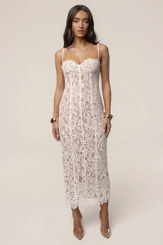 « Chant du Cœur » — Robe Mi-Longue Corset en Dentelle, Blanc