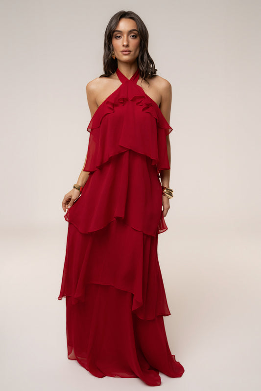 « Tête dans les Nuages » — Robe Longue en Mousseline, Rouge