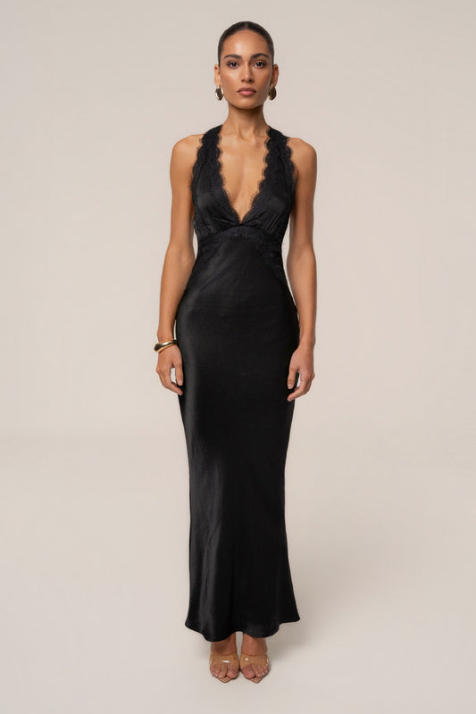 « Nuit de Satin » — Robe Longue Bustier Dos Croisé, Noir