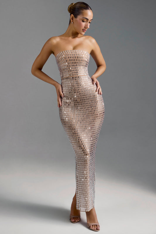« Amaya » — Robe Longue Bandeau Ornée, Amande