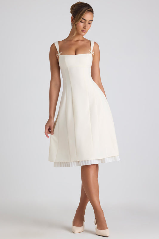 « Candeur » — Robe Midi Bardot Nœud Plissée, Ivoire