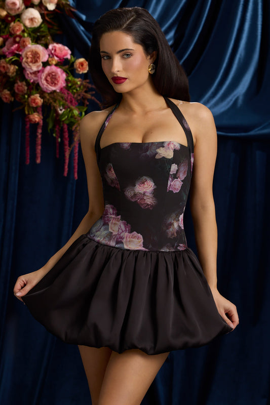 « Fleurette » — Robe Mini Corset Lacée Bullée Fleurie (+ short assorti), Noir Fleuri