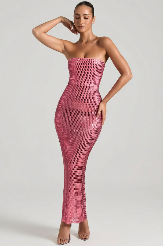 « Amaya » — Robe Longue Bandeau Ornée, Rose Pastèque