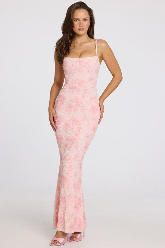 « Opale » — Robe Longue Sculptante Perlée, Rose Ombré