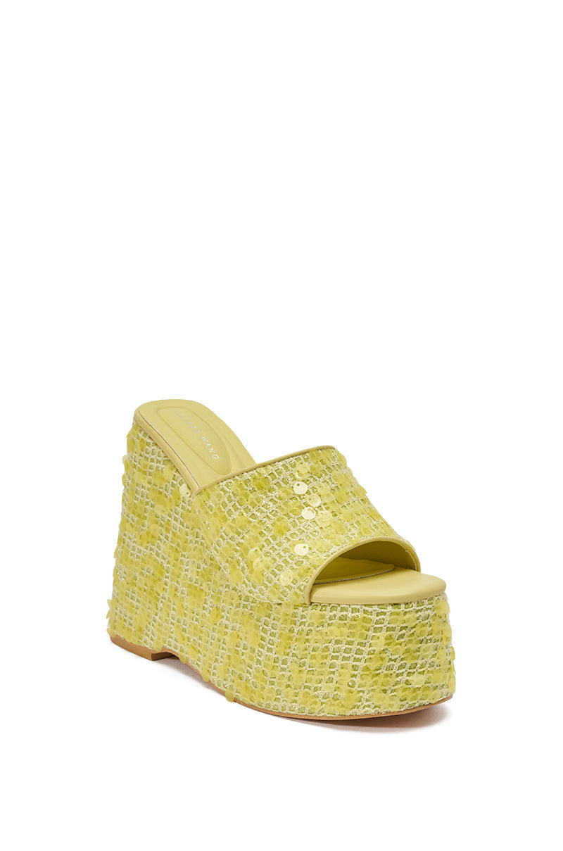 « Soleil » — Wedges en Raphia et Sequins, Jaune