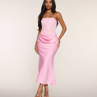 « Éclat Satiné » — Robe Midi Bustier Perlée, Ivoire