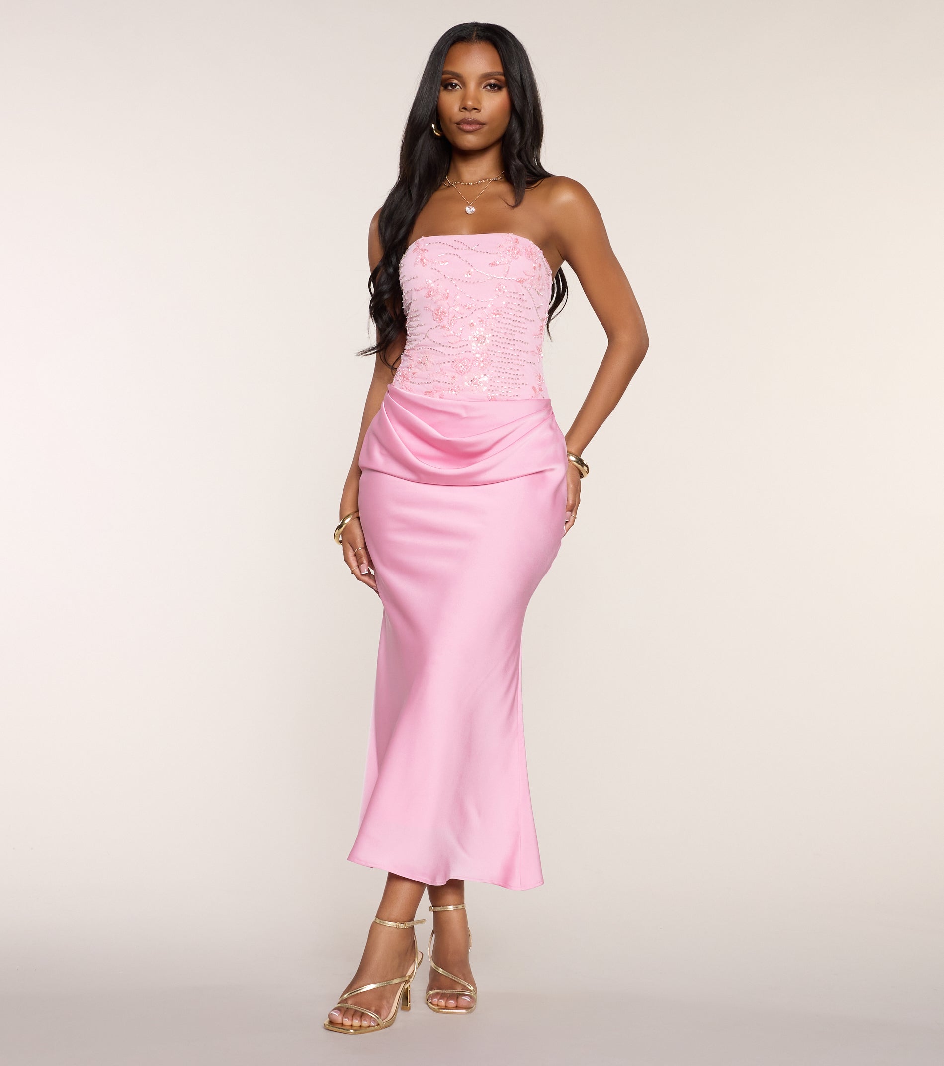 « Éclat Satiné » — Robe Midi Bustier Perlée, Ivoire