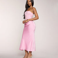 « Éclat Satiné » — Robe Midi Bustier Perlée, Ivoire