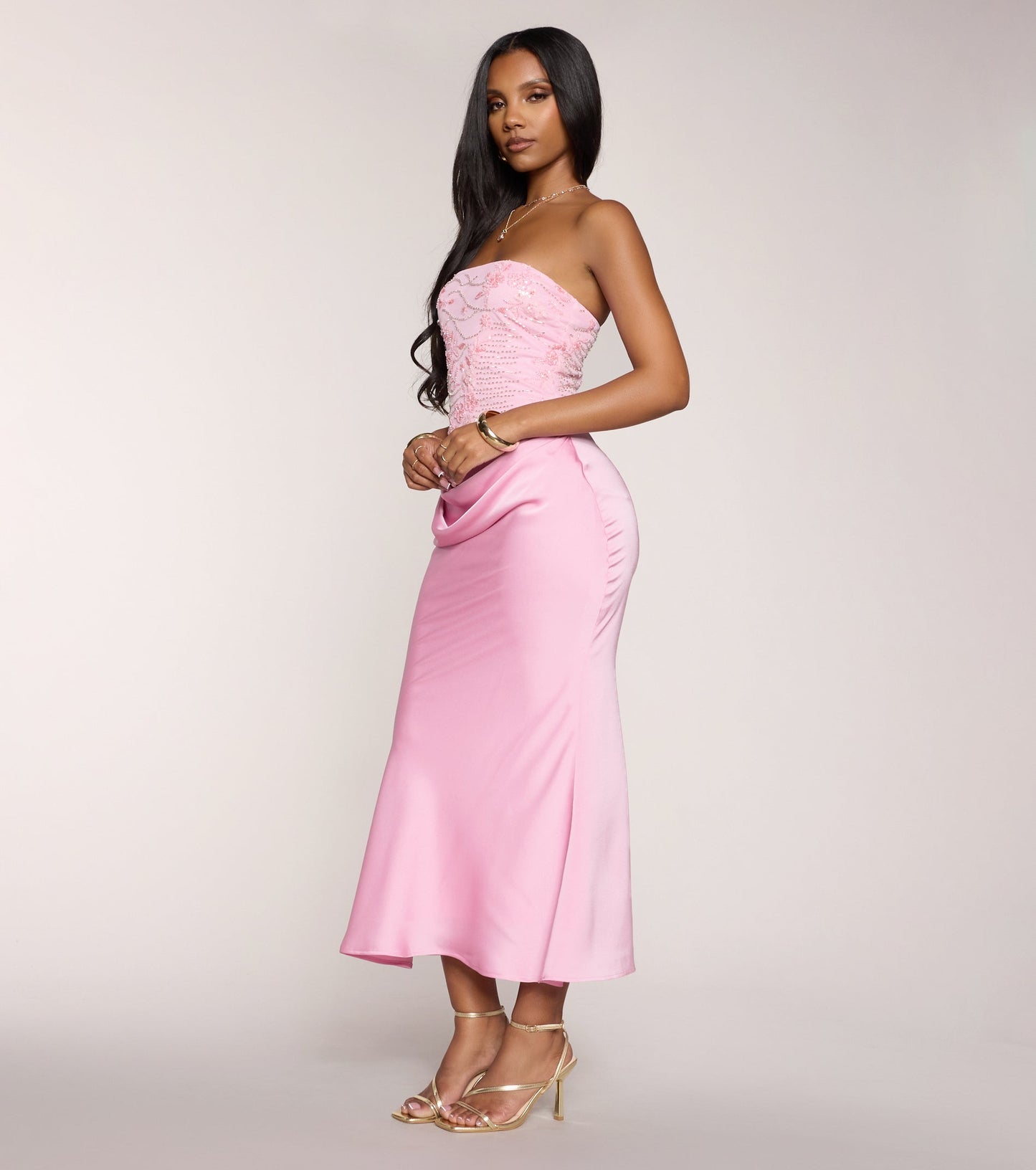 « Éclat Satiné » — Robe Midi Bustier Perlée, Ivoire