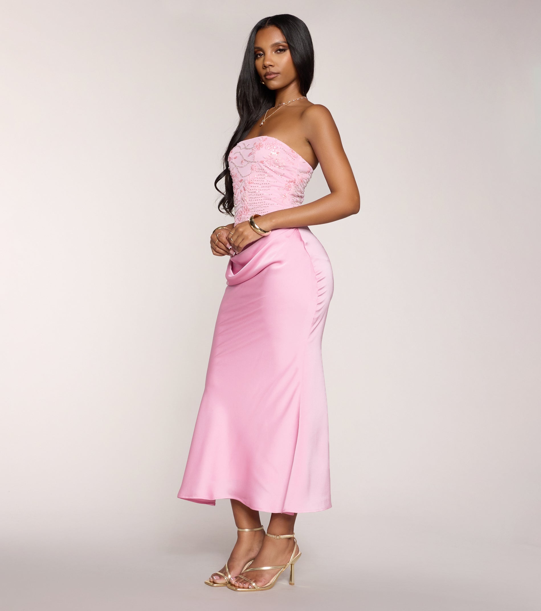 « Éclat Satiné » — Robe Midi Bustier Perlée, Ivoire