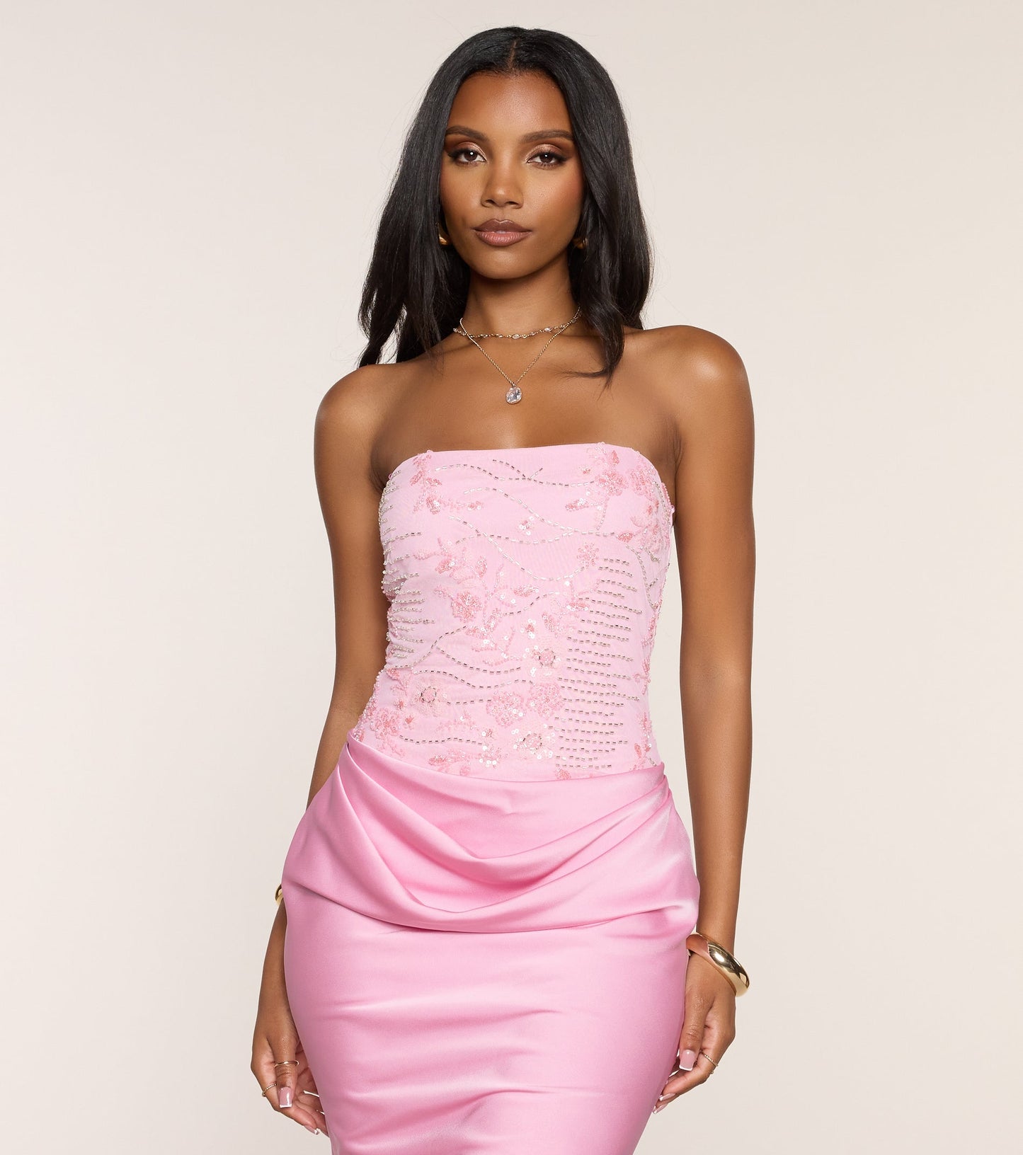 « Éclat Satiné » — Robe Midi Bustier Perlée, Ivoire