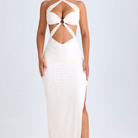« Kalyani » — Robe Longue Dos Nu Ruchée à Anneau, Blanc
