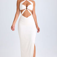 « Kalyani » — Robe Longue Dos Nu Ruchée à Anneau, Blanc