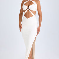 « Kalyani » — Robe Longue Dos Nu Ruchée à Anneau, Blanc