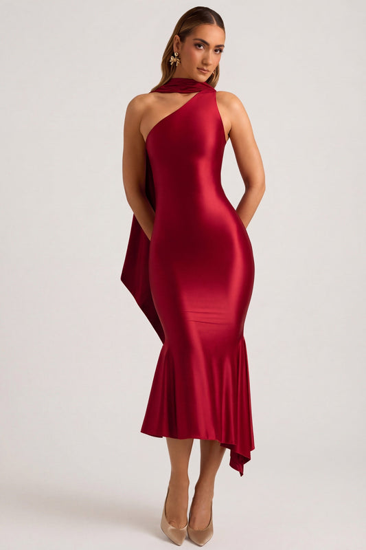 « Flamme » — Robe Midaxi Écharpe Asymétrique, Rouge