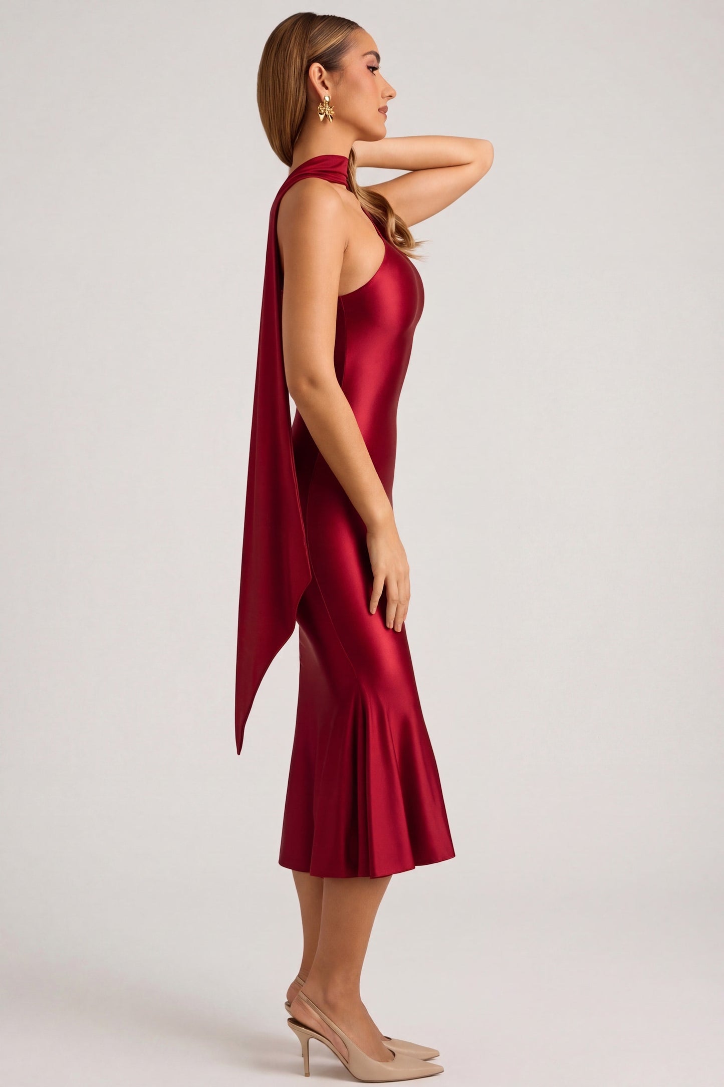 « Flamme » — Robe Midaxi Écharpe Asymétrique, Rouge