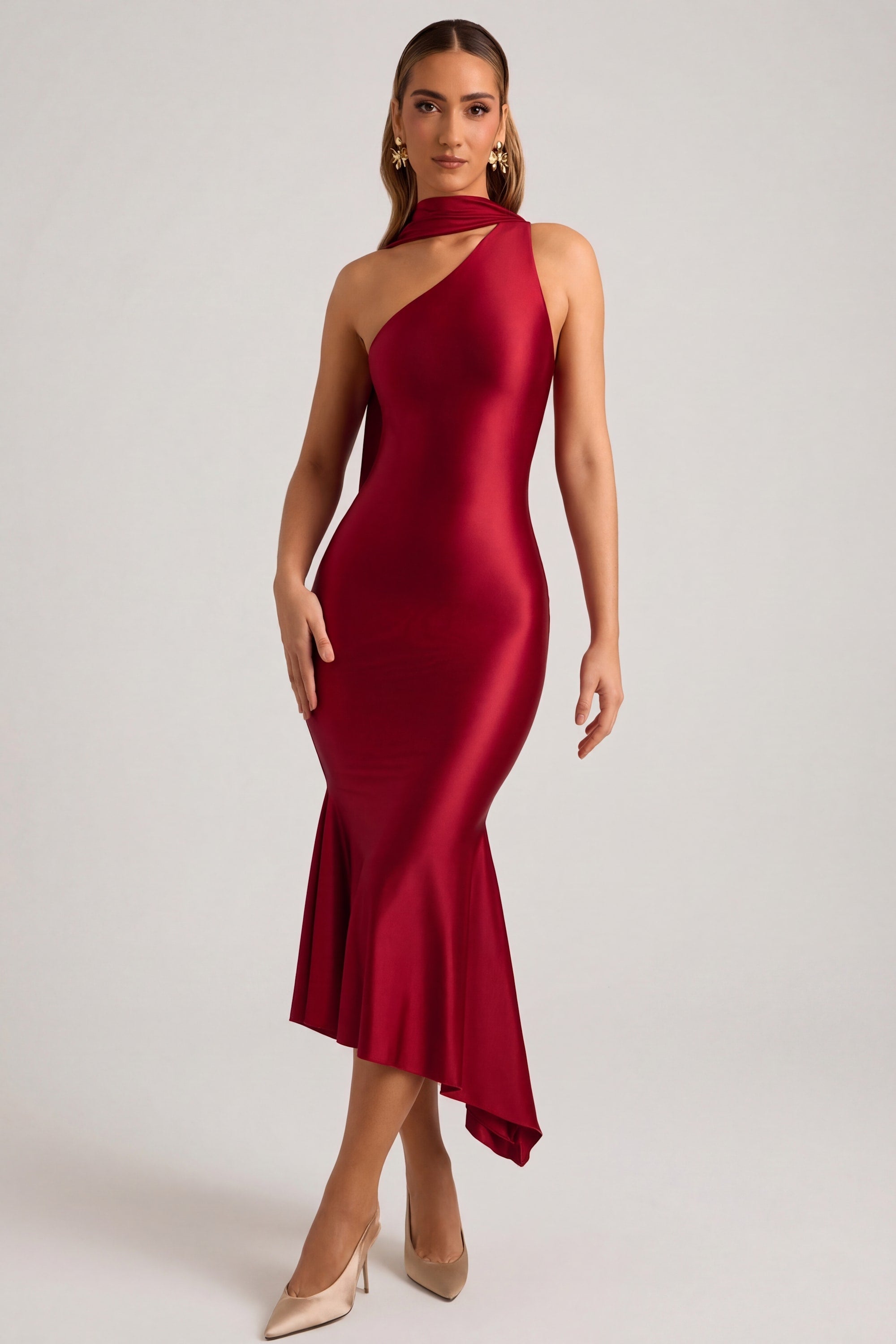« Flamme » — Robe Midaxi Écharpe Asymétrique, Rouge