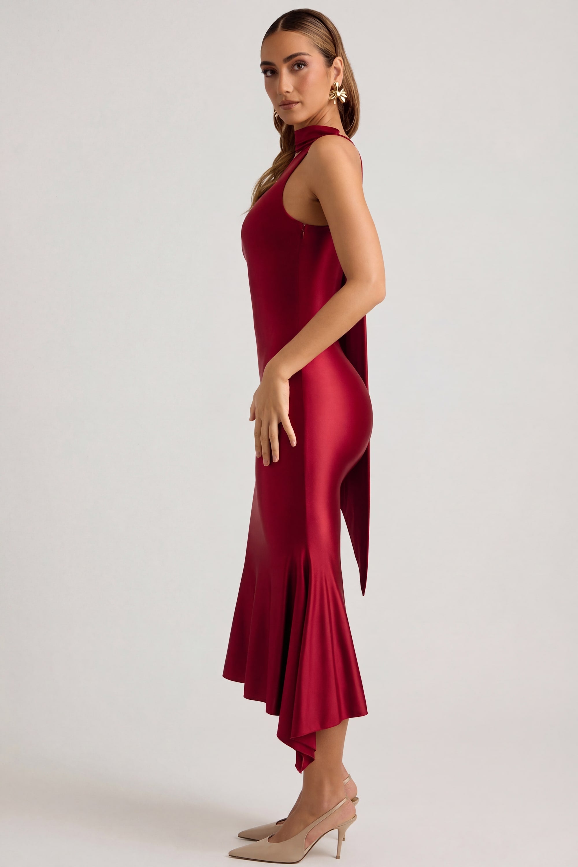« Flamme » — Robe Midaxi Écharpe Asymétrique, Rouge