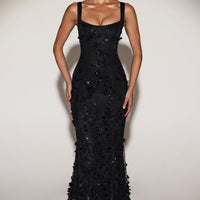 « Ivresse » — Robe Longue Corset Appliquée Sequins, Noir