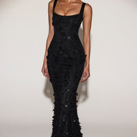 « Ivresse » — Robe Longue Corset Appliquée Sequins, Noir