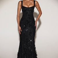 « Ivresse » — Robe Longue Corset Appliquée Sequins, Noir
