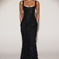 « Ivresse » — Robe Longue Corset Appliquée Sequins, Noir