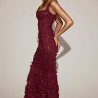 « Ivresse » — Robe Longue Corset Appliquée Sequins, Rouge Bordeaux
