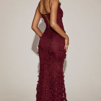 « Ivresse » — Robe Longue Corset Appliquée Sequins, Rouge Bordeaux