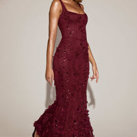« Ivresse » — Robe Longue Corset Appliquée Sequins, Rouge Bordeaux