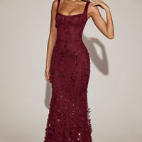 « Ivresse » — Robe Longue Corset Appliquée Sequins, Rouge Bordeaux