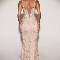 « Ivresse » — Robe Longue Corset Appliquée Sequins, Doré