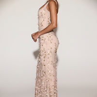« Ivresse » — Robe Longue Corset Appliquée Sequins, Doré