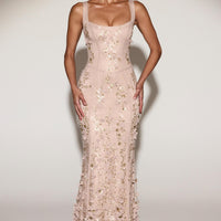 « Ivresse » — Robe Longue Corset Appliquée Sequins, Doré