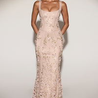 « Ivresse » — Robe Longue Corset Appliquée Sequins, Doré