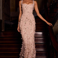 « Ivresse » — Robe Longue Corset Appliquée Sequins, Doré