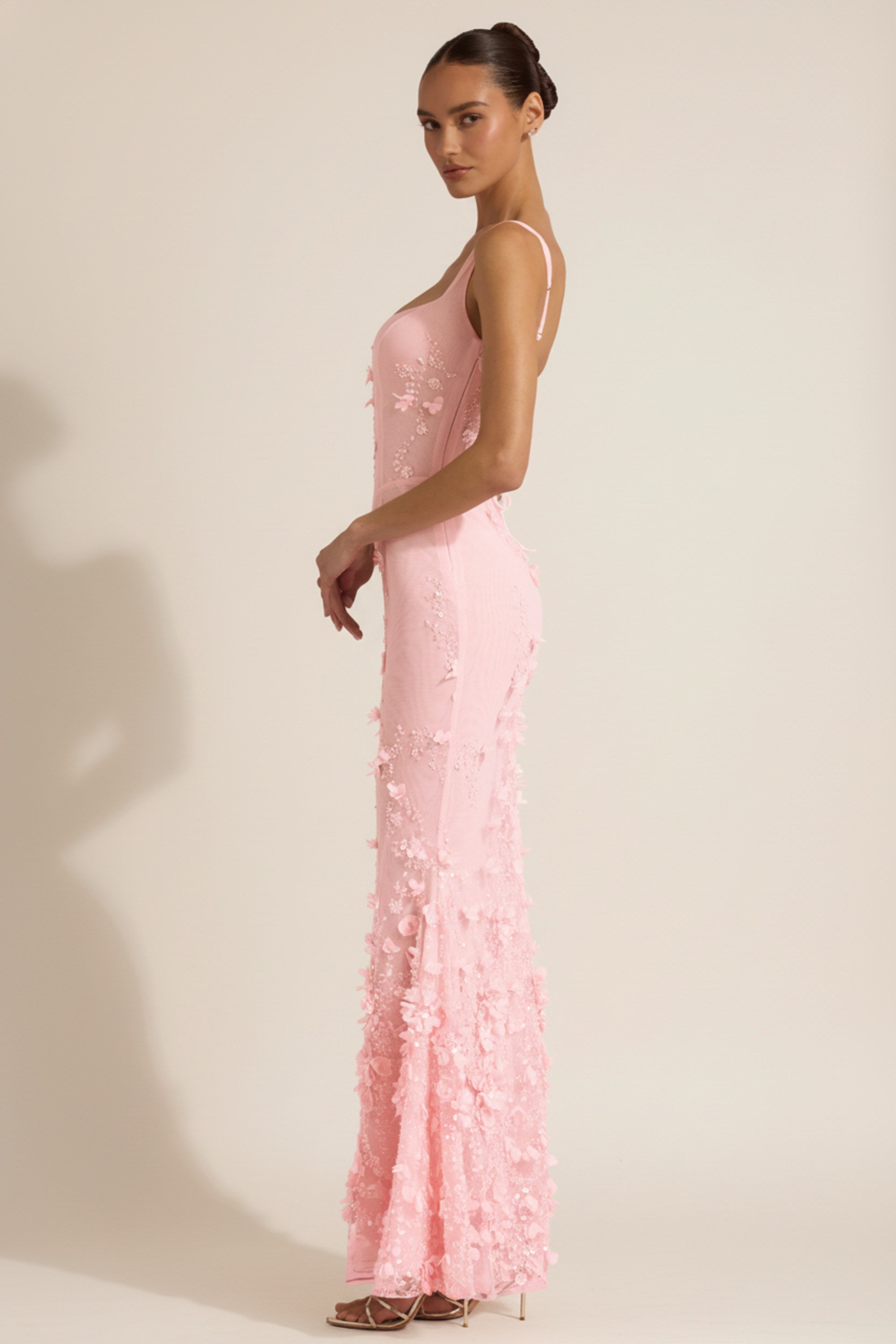« Ivresse » — Robe Longue Corset Appliquée Sequins, Rose