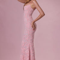 « Opale » — Robe Longue Sculptante Perlée, Rose Poudré